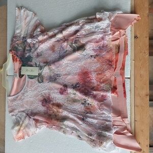 Brittany Black Lace top with peach looking lining. Medium Festive Dressy